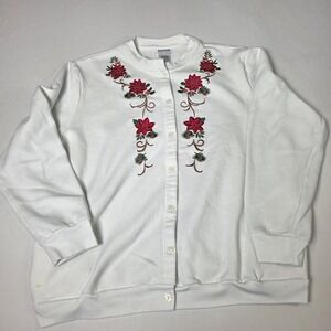 VTG Bon Worth Womens White Poinsettia Embroidered Button Front Sweater Large
